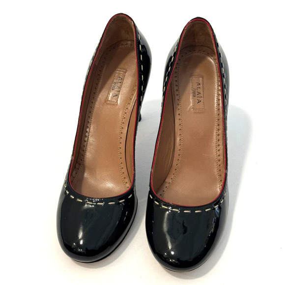 Alaia Black Patent Leather Pumps High Heels White Stitching Red Trim Size 36.5 - Picture 5 of 16